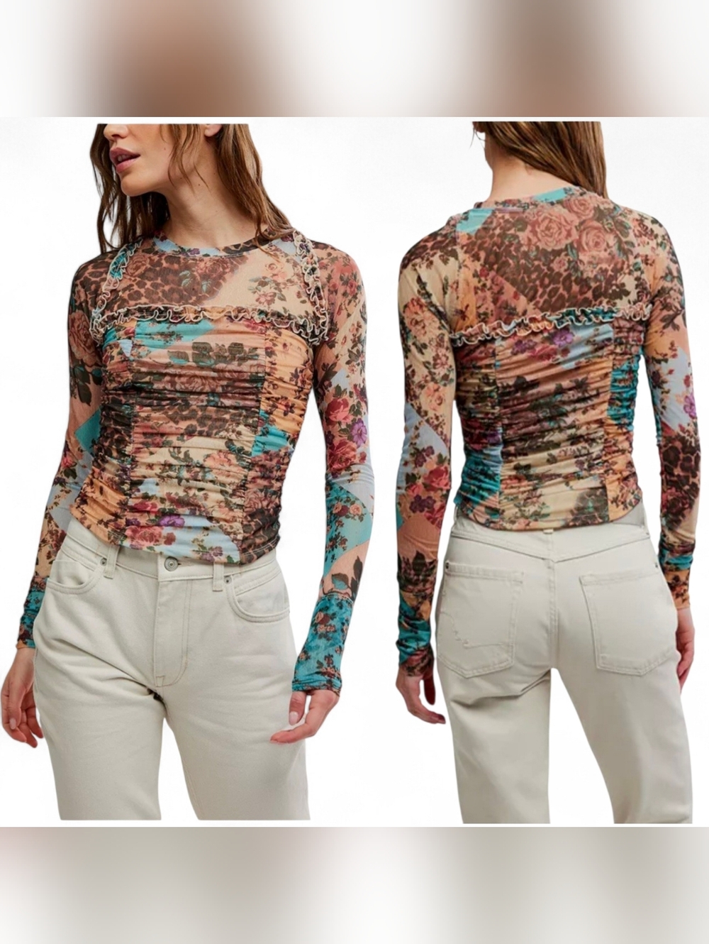 Free People Multicolor Floral Ruched Mesh Ariana Long-Sleeve Meduim NWT